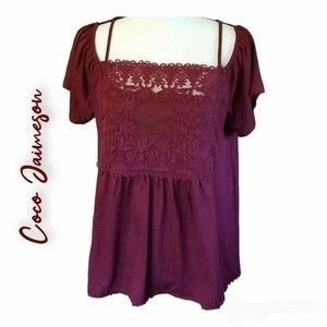 NWOT Coco Jaimeson Sm Hem Detail Lace Inset Cold Shoulder Short Sleeve T…